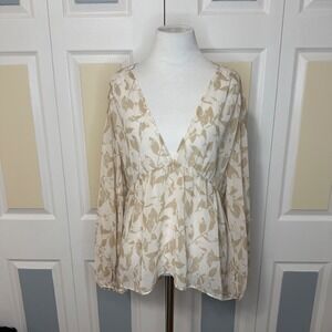 Cabi 4156 Couplet Blouse Beige Floral Print V Neck Long Sleeve Peplum
Top Size S